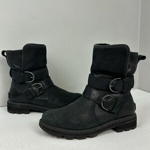 Sorel Lennox Moto Cozy Shearling Lined Boots Black Sz 7.5